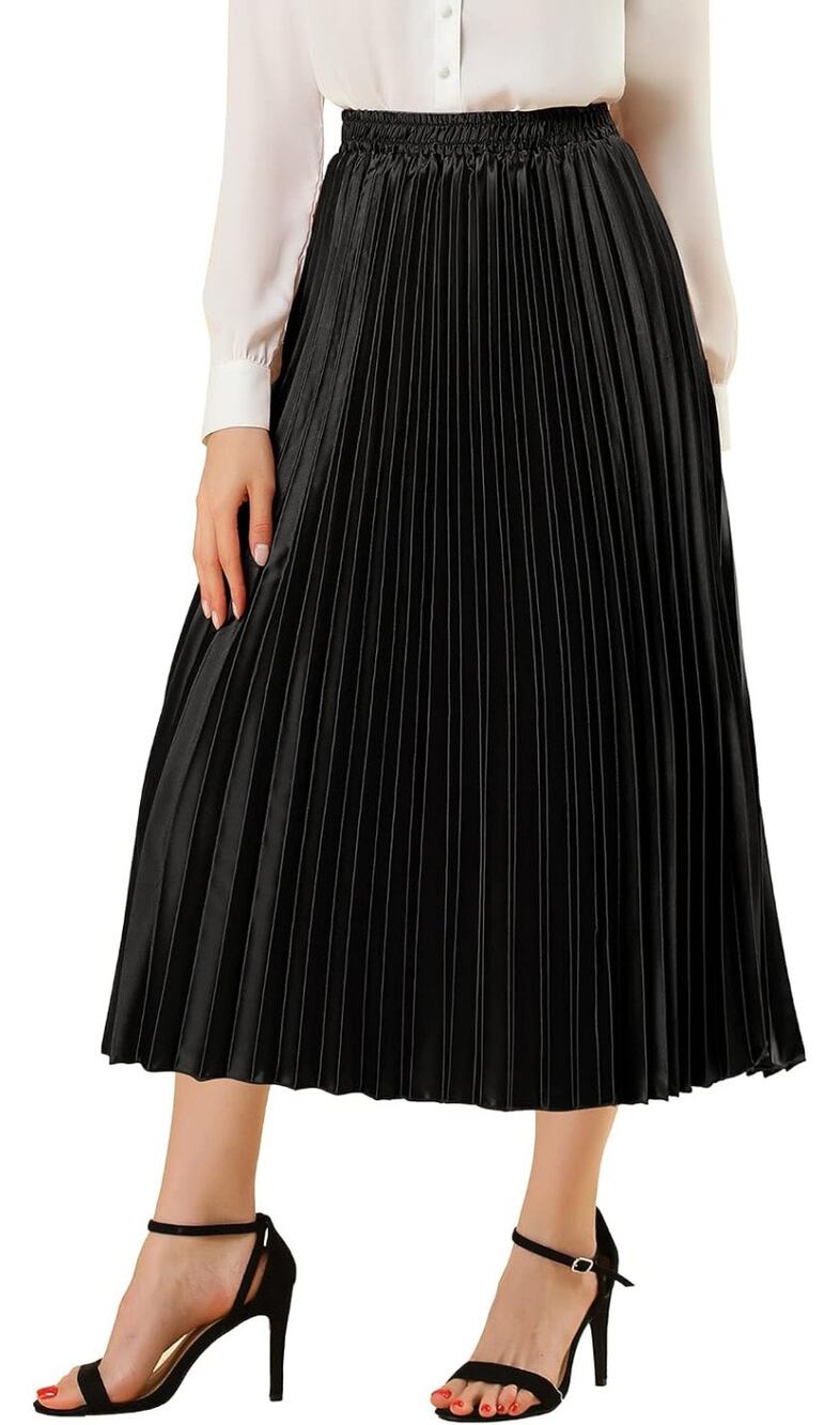 Allegra K Women Black Pleated Midi Skirt Elastic High Waist Medium NWT